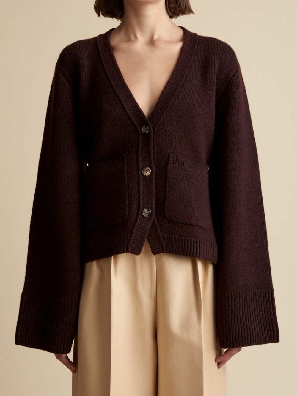 KHAITE Dark Brown V-Neck Button Cardigan